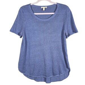 Eileen Fisher Knit Top Small Blue Organic Linen Cotton Short Sleeve Scoop Neck
